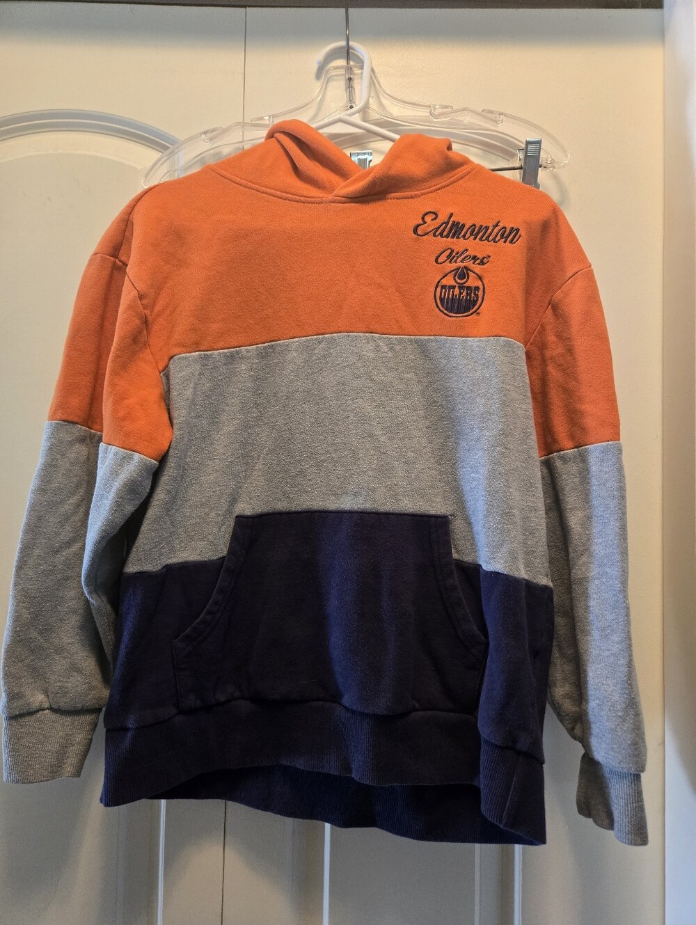 G-III 4Her Women's Oilers Colorblock Hoodie Sweater - Orange, Gray, Navy